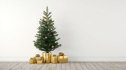 Christmas tree with golden star and presents on floor in empty room, 3D rendering illustration for banner design, high quality with copy space as Christmas background.