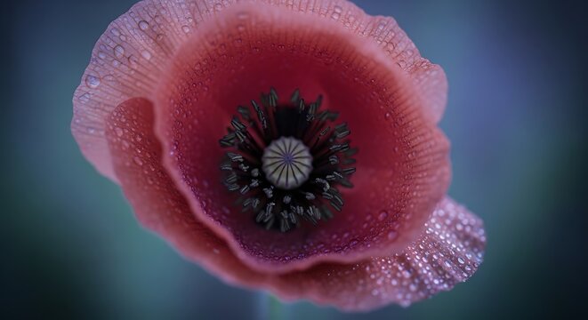 Close up of vibrant poppy flower with water droplets delicate floral beauty blossom petals nature macro photography botany botanical gardens springtime - Powered by Adobe