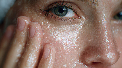 Obraz premium A close-up shot of a woman's face, with a focus on her eye, adorned with water