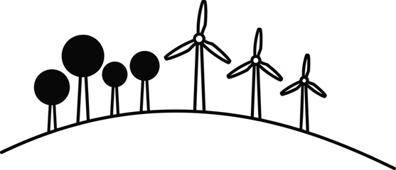 Wind turbine landscape illustration with trees, renewable energy line art, eco friendly green power concept, clean environment graphic, sustainable wind farm design