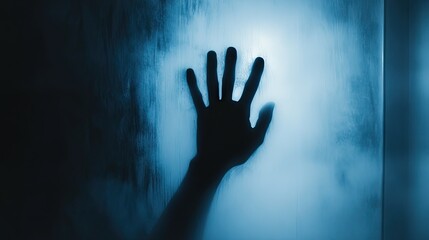 An Eerie Shadow of a Hand Pressing Against a Foggy Glass Surface with Mysterious Blue Lighting Creating a Haunting Atmosphere