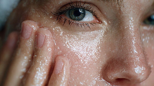 A close-up shot of a woman's face, with a focus on her eye, adorned with water