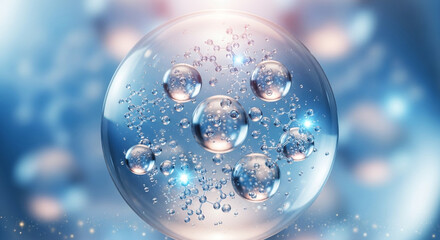 Discover radiant skin with hydrating molecules and spheres floating in a rejuvenating serum, a modern solution for beauty and wellness