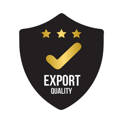 Export Quality Badge with Gold Stars and Check mark in 3D Cartoon Shield Illustration
