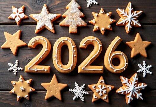 Creative New Year 2026 composition made from decorated gingerbread cookies shaped as numbers, stars, christmas trees and snowflakes on a wooden table, for greeting cards, holiday marketing, packaging