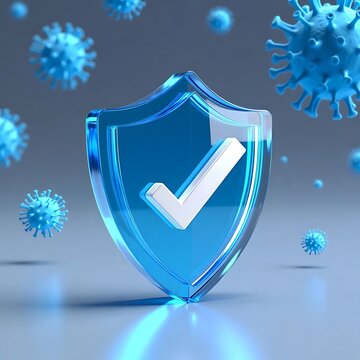 Blue shield with checkmark represents protection against viruses and health security
