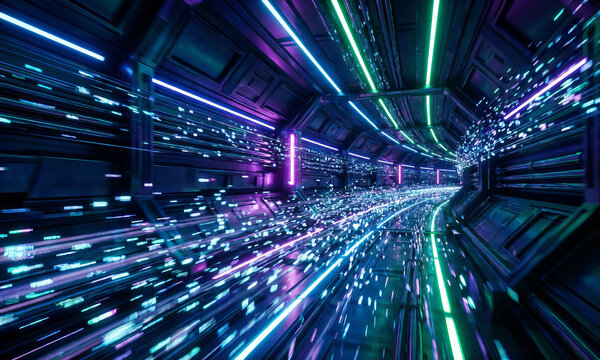 Abstract futuristic tunnel with streaking neon lights and digital data flowing fast - Powered by Adobe