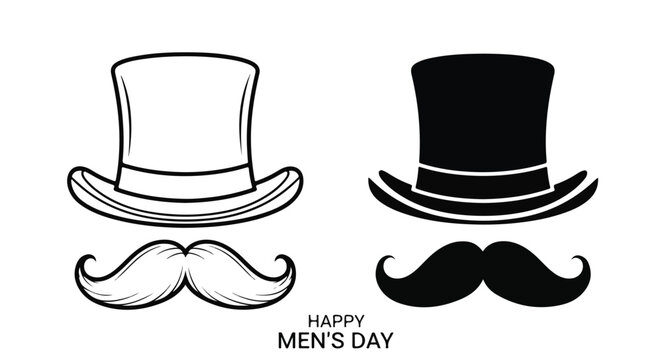 Two stylized illustrations of top hats and mustaches, one outlined and one solid black, with 'Happy Men's Day' text.