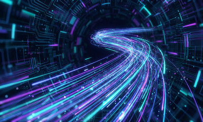 Abstract futuristic tunnel with streaking neon lights and digital data flowing fast