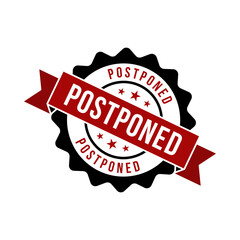 Postponed Badge with Red Ribbon and Stars in 3D Cartoon Seal Illustration
