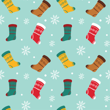 Seamless pattern illustration of socks in various colors with random patterns. Great for wrapping paper and tablecloths.