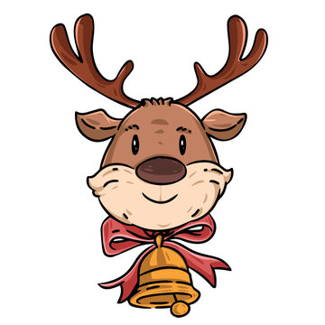 Illustration of a deer character with a bell around its neck and a happy smiling expression. Great for logos and stickers.