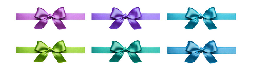 Colorful satin ribbon bows in shades of purple green and blue arranged perfect for gift wrapping crafts and festive decorations on transparent background