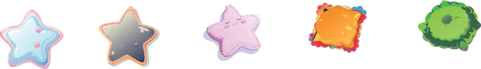 Cute Cartoon Cushion and Star Shape Graphic Set | Plush Decorative Elements and Green Bush Illustration