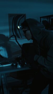 Vertical view of two young male thieves with bags, flashlights and crowbar quietly moving across office room in early morning