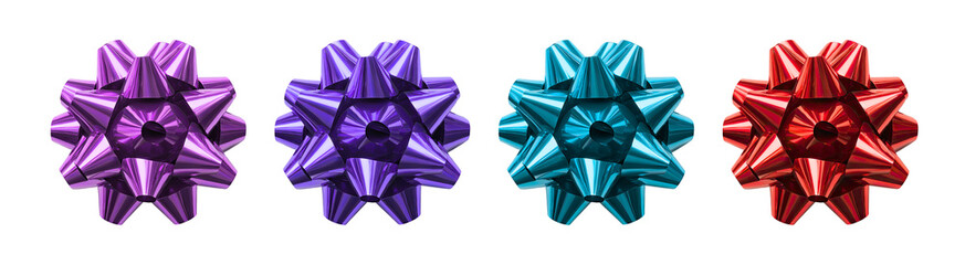 Assorted colorful metallic gift bows in purple blue and red for holiday decorations and present...