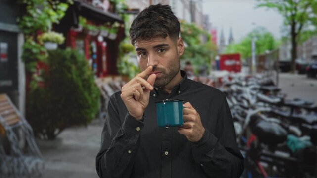 Man pinches fingers holding blue mug near parked bicycles on street in morning light; skepticism reflection.