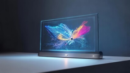 Futuristic display showing a colorful, animated butterfly against a dark backdrop