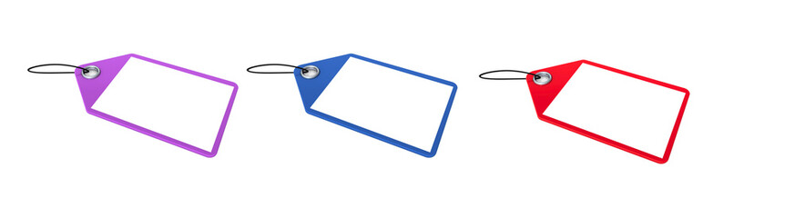 Three colorful price tags in purple blue and red are displayed against a perfect for retail sales and promotional marketing campaigns and advertising on transparent background