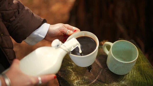 A person is pouring milk into a cup of coffee. The scene is set outdoors, with a wooden table and a tree in the background. The person pouring the milk is wearing a brown jacket