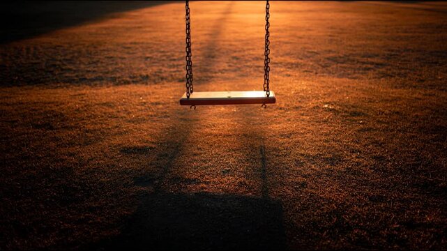 Solitary Swing at Sunset: An evocative image of an empty swing casting a long shadow on a grassy field, capturing a sense of solitude and nostalgia under the warm glow of the setting sun.