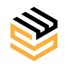Geometric Cube Logo with Black Bars and Orange Chevrons in Modern Abstract Design
