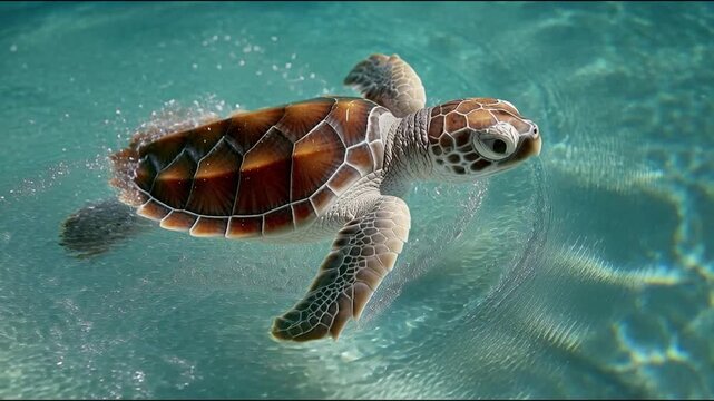 Baby Sea Turtle Swimming in Clear Water: A young sea turtle with a beautiful patterned shell glides gracefully through crystal clear turquoise water.