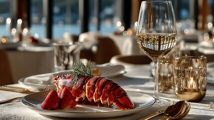 Elegant lobster dinner with wine, strawberries, and candles, perfect for romantic occasions