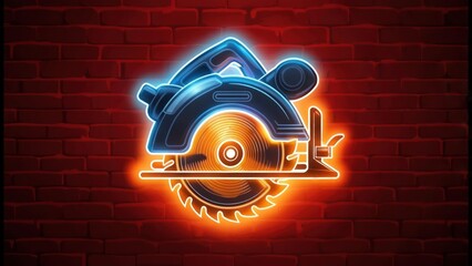 Digital glowing illustration of a circular saw against a red brick wall background