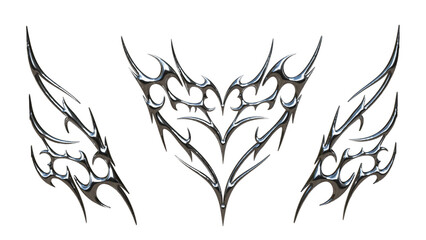 3D Chrome Tribal Wing Symbol – Metallic Sharp Ornament, Futuristic Silver Tattoo Style Abstract...