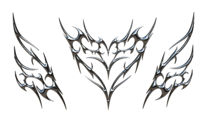 3D Chrome Tribal Wing Symbol – Metallic Sharp Ornament, Futuristic Silver Tattoo Style Abstract Symmetrical Shape Design for Graphic Art and Decorative Elements