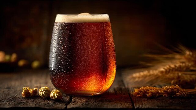 Amber Nectar: A radiant glass of amber beer, its foamy head crowning a rich, inviting brew, sits on a rustic wooden surface, complemented by barley sprigs and hops. 