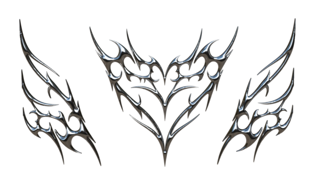 3D Chrome Tribal Wing Symbol – Metallic Sharp Ornament, Futuristic Silver Tattoo Style Abstract Symmetrical Shape Design for Graphic Art and Decorative Elements
