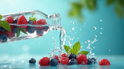 Clear glass bottle pouring sparkling water over fresh raspberries, blueberries, and mint leaves with dynamic splash against vibrant turquoise background