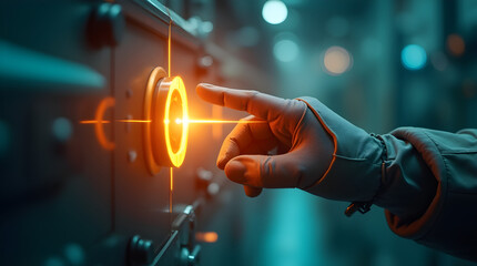Gloved hand pressing glowing orange activation button in high-tech control room with dramatic teal lighting