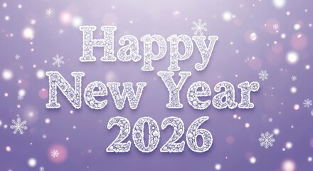 Happy new year 2026 floral text, bokeh lights, purple backdrop.