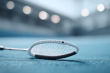 Closeup of a badminton racket on a blue court. Represents sport, activity, competition, leisure, or training. Suitable for themes around fitness and wellness.
