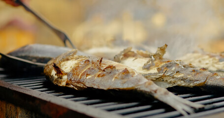 Chef carefully turning sizzling sea bream grilling on barbecue, golden crispy exterior developing with herb seasoning releasing aromatic flavors