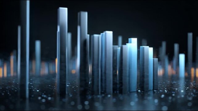 Abstract Data Visualization: An artful representation of data, with metallic columns of varying heights rising from a dark, textured base. Showcasing data patterns and the complexities of information.