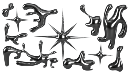 3D Chrome Metal Liquid Fluid Mercury Silver Glossy Reflective Metallic Organic Shapes and Star — Abstract Brutalist Futuristic Molten Drip Blob Design Icon Set