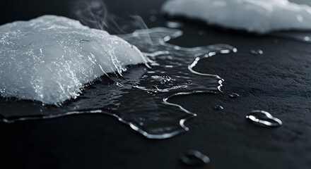 Melting ice on dark surface with water droplets and steam rising  