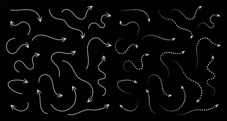 Hand Drawn Arrow Set White Arrows on a Black Background Pointing Directions