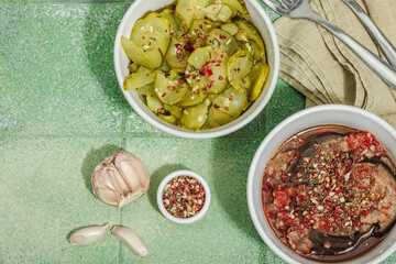 Fermented vegetables in a bowls. Healthy gut food, natural probiotic superfoods, organic pickles