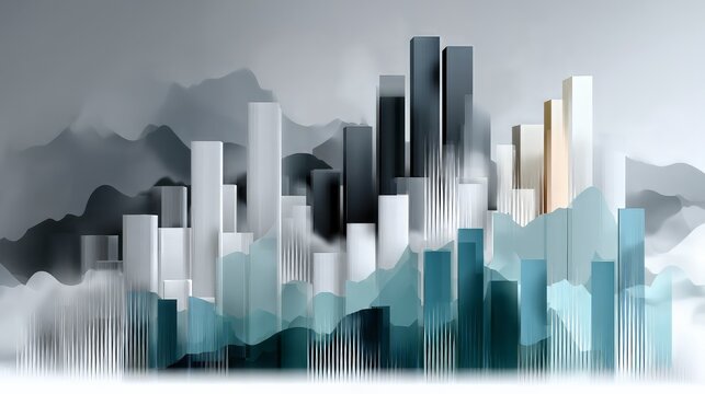Abstract data visualization illustrating financial markets, business growth, and modern technology trends with a futuristic city skyline integrating traditional landscapes - Powered by Adobe