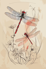 Vintage sketch style graphic with red dragonflies and wildflowers on beige