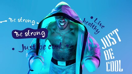 Loop animation. Boxer posing in neon lighting with fierce emotional power and bold motivational typography. Concept of fitness promos, sports campaigns, gym branding and high-energy athletic visuals.