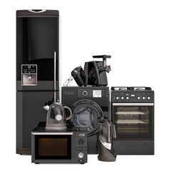 Set of black kitchen appliances. Washing machine, fridge, gas range, microwave oven, meat grinder, mixer, kettle and hydrogen rich water machine. 3D rendering