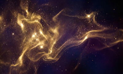 Abstract cosmic swirls of golden light and tiny stars in deep space