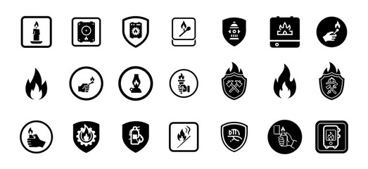 Fire icon vector collection. High-quality, monochromatic glyphs of flames, torches, lanterns, shields