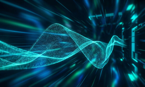 Abstract digital waveform visualization of data flow in a futuristic cybernetic network